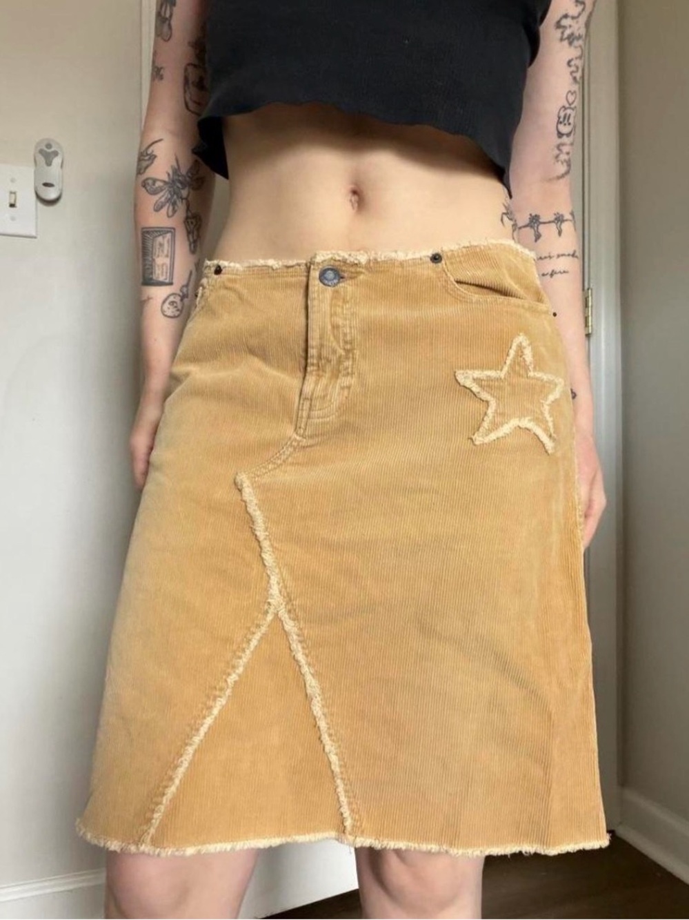 Abercrombie & Fitch Frayed Star Corduroy A-Line Skirt in tan